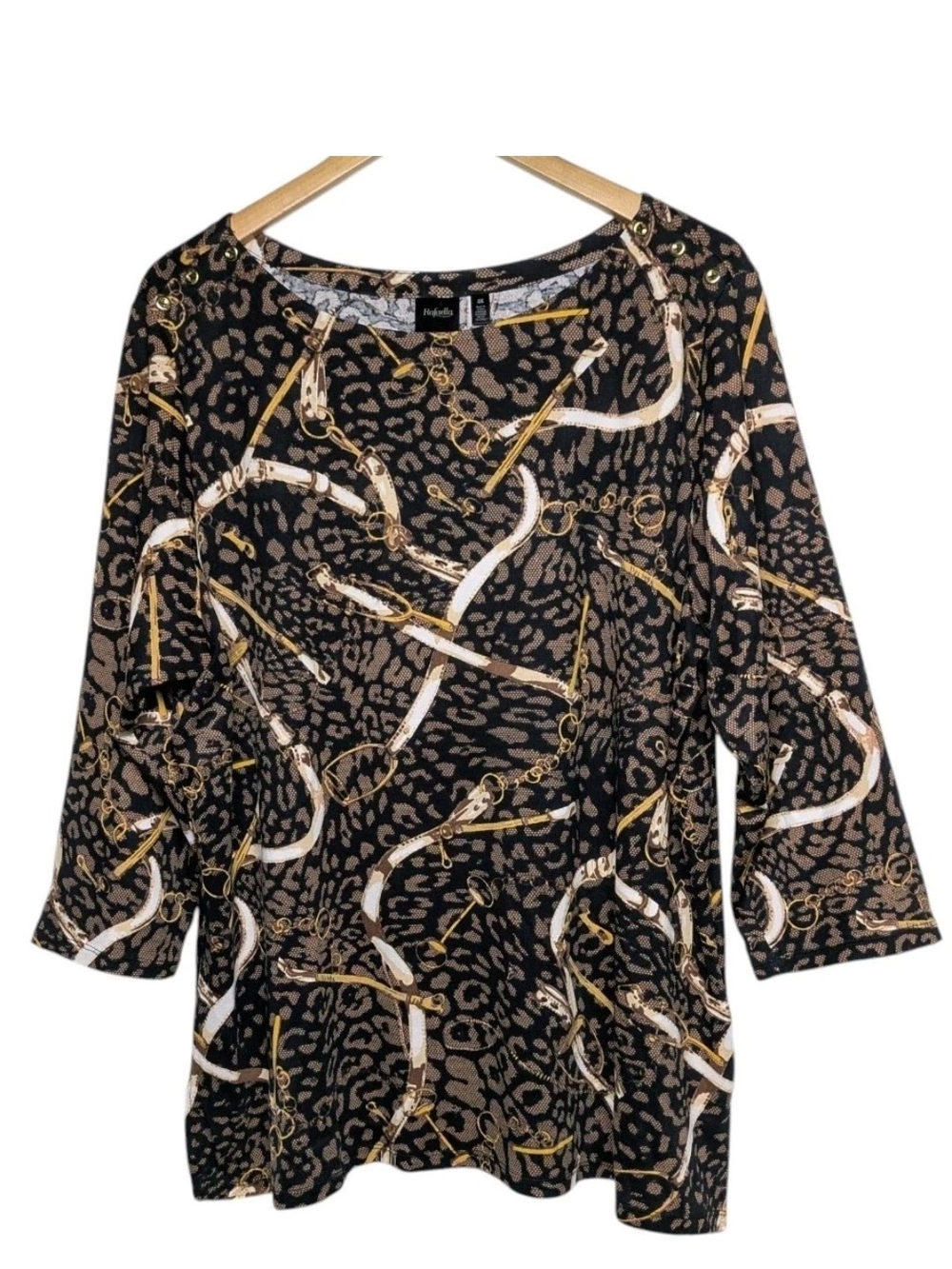 Rafaella Black Leopard & Gold Chain Print Long Sleeve Top